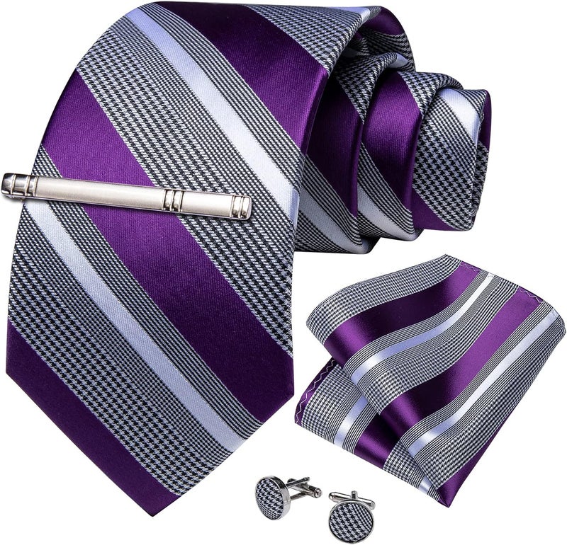 DiBanGu Mens Striped Tie Silk Woven Necktie and Pocket Square Cufflinks Tie Clip Set Wedding Business Formal Gift Tie for Men - Image 2